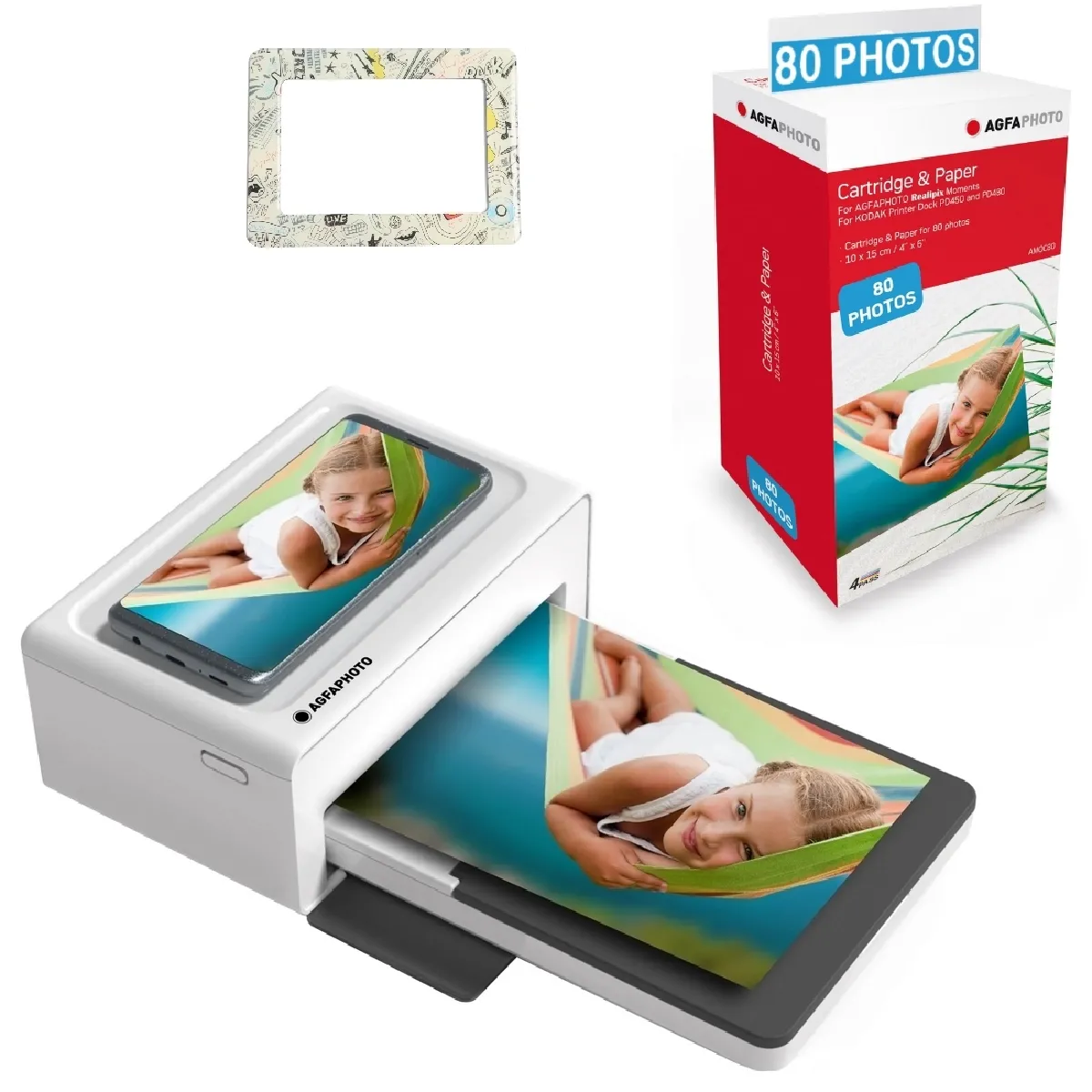 AGFA PHOTO Pack Imprimante Realipix Moments + Cartouches et papiers 80 photos + Joli cadre magnétique - Impression Bluetooth Photo 10x15 cm, iOS et Android, 4Pass Sublimation Thermique - Blanc - Blanc