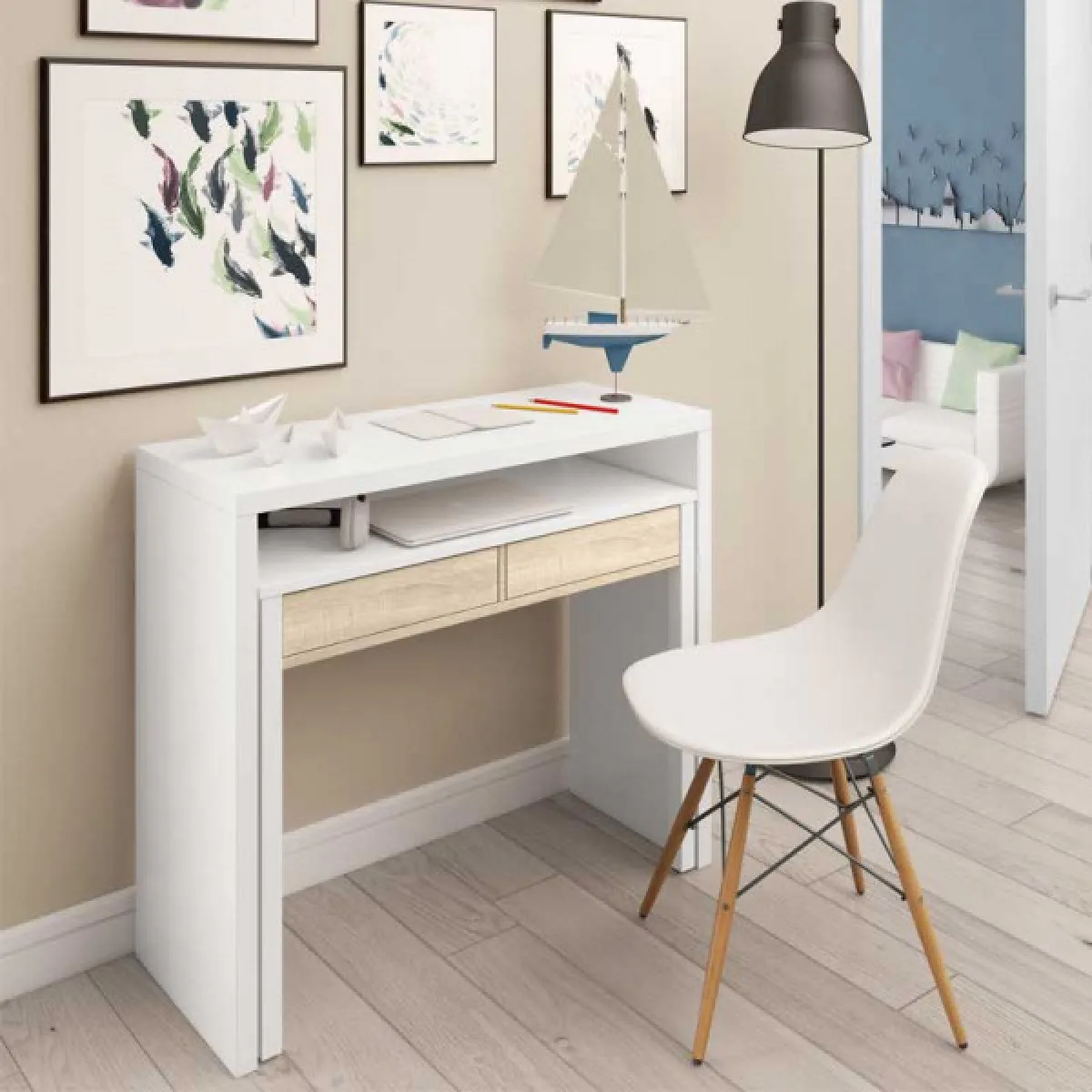 Console bureau extensible Blanc/Chêne clair - NIAL