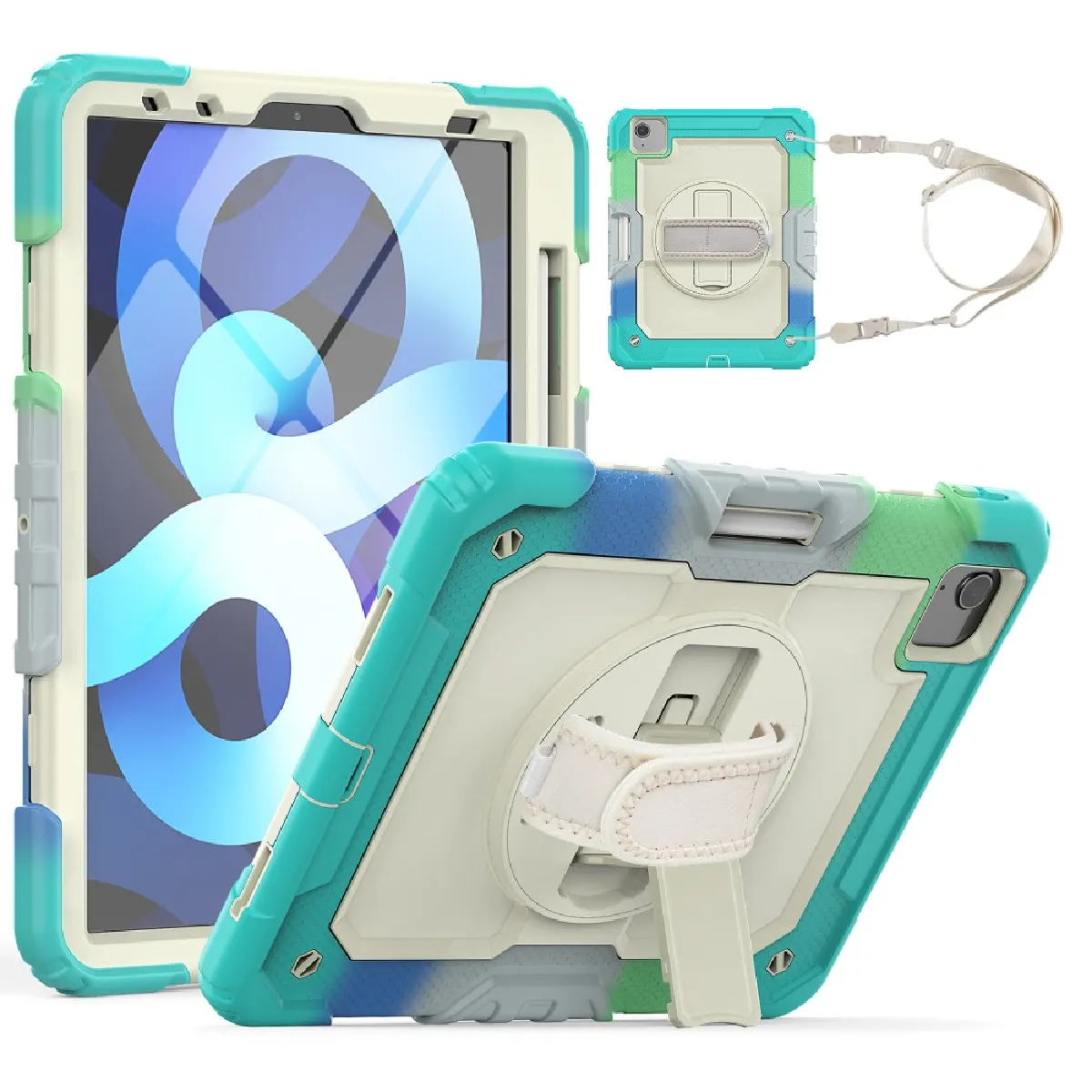 Coque en TPU + Silicone avec béquille et bandoulière Bleu arc-en-ciel pour votre Apple iPad Air (2020)/Pro 11 pouces (2020)