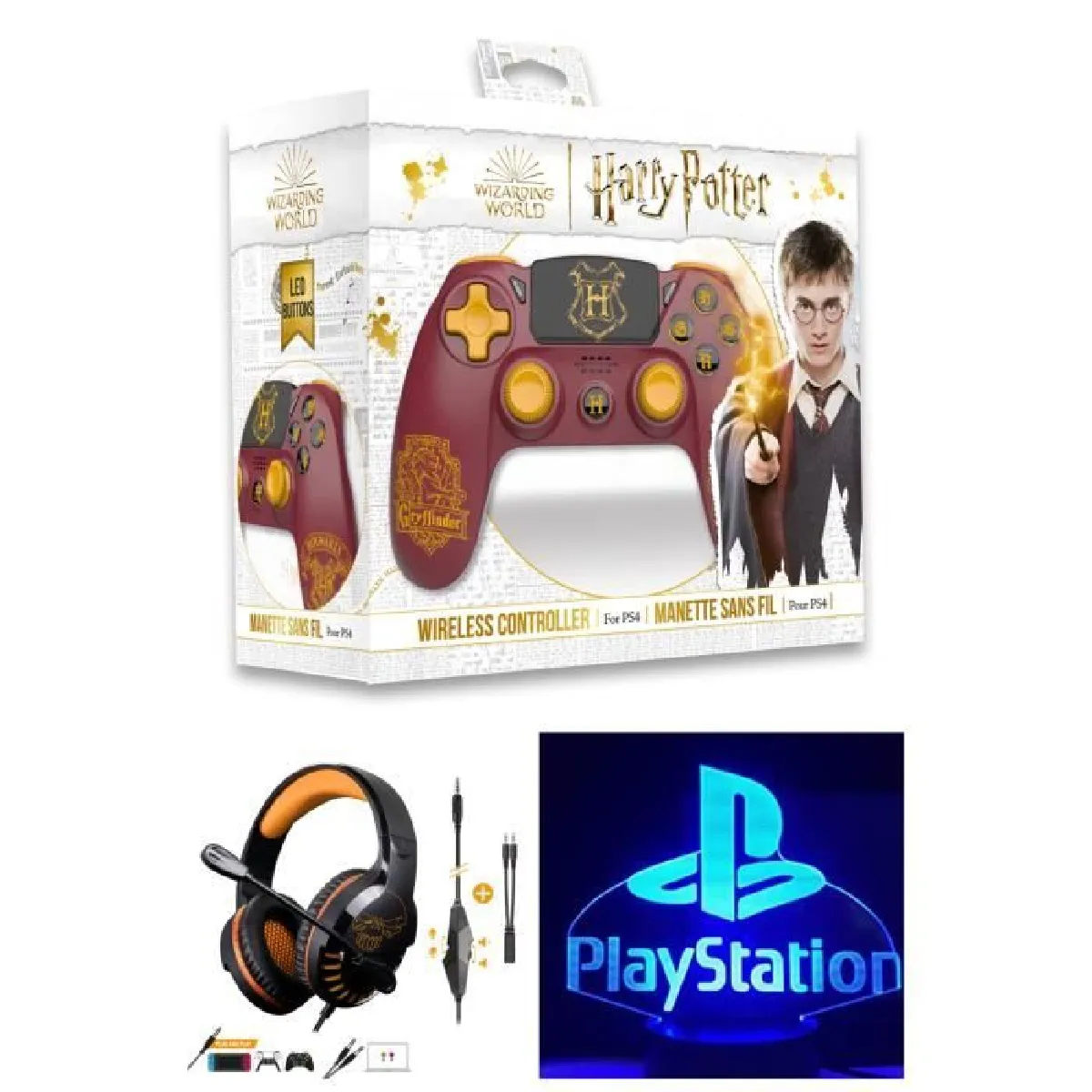 Manette PS4 Bluetooth Harry Potter Gryffondor Rouge lumineuse 3.5 JACK + Casque Spirit of Gamer PRO-H3 PS4-PS5 PLAYSTATION