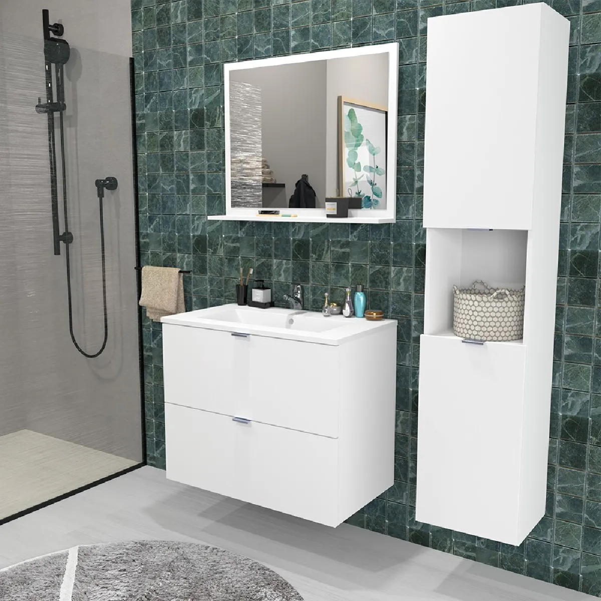 Meuble sous-vasque MALAGA 80 cm + vasque + miroir + colonne / Blanc