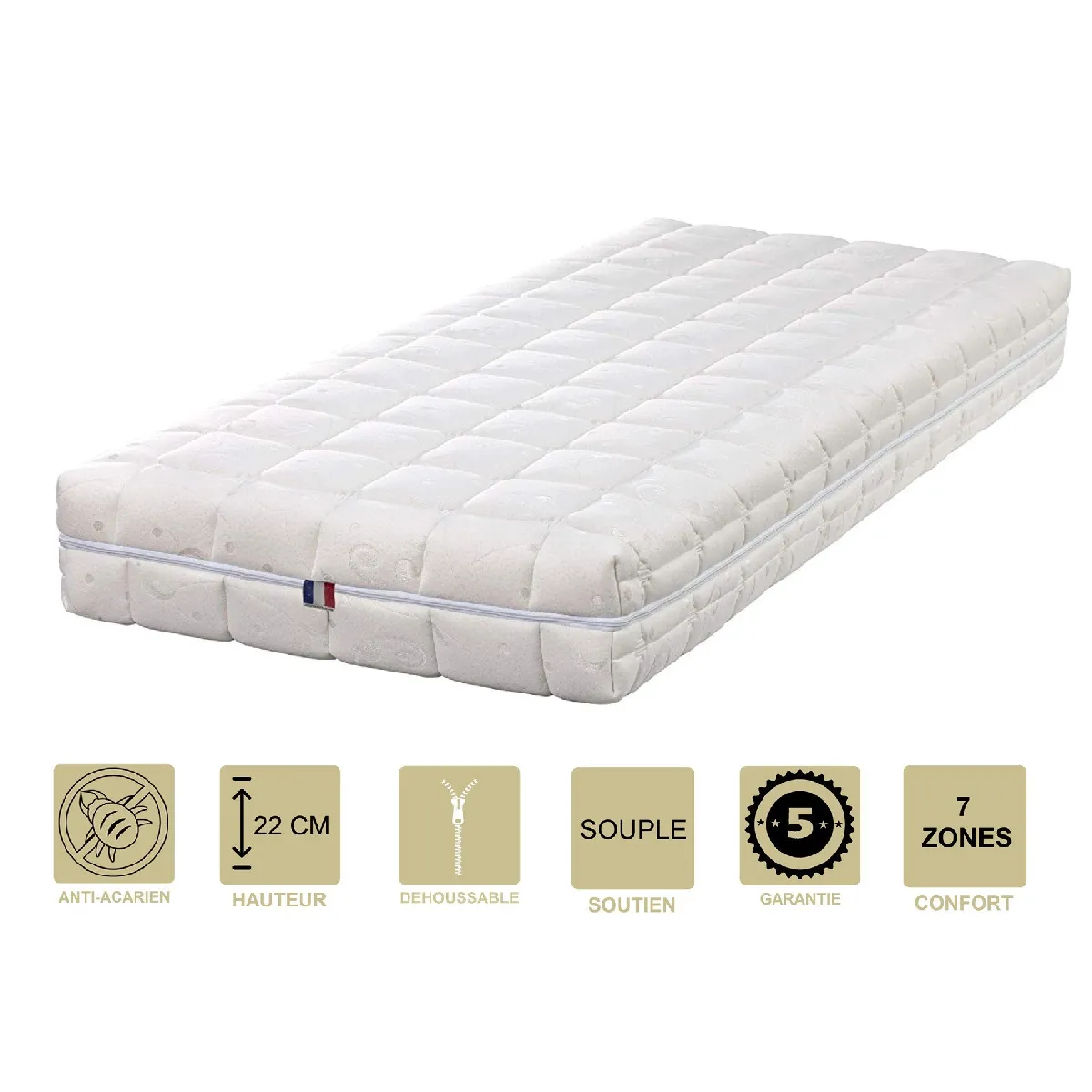 Matelas Face été Latex Naturel 70 Kg/m3 Face Hiver Mémoire de forme 60 Kg/m3 + Alèse 90x190 x 22 cm Souple - Déhoussable Housse Lavable - 7 Zones de Confort