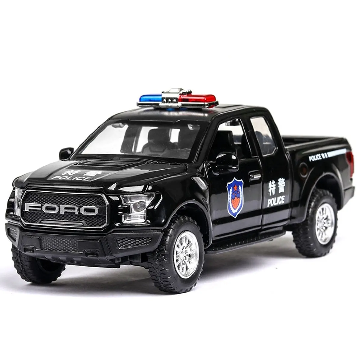 1/32 Moule en alliage Moulé Ford Volaille Pickup Police Modèle Voiture Jouet Simulation Acoustique et Lumière Retour sur la route Voiture jouet(Le noir)