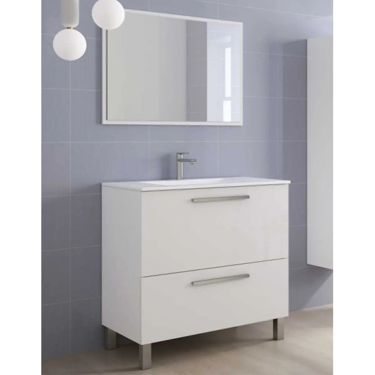 Meuble vasque 2 tiroirs 80 cm + vasque + miroir Blanc Brillant - BANRU