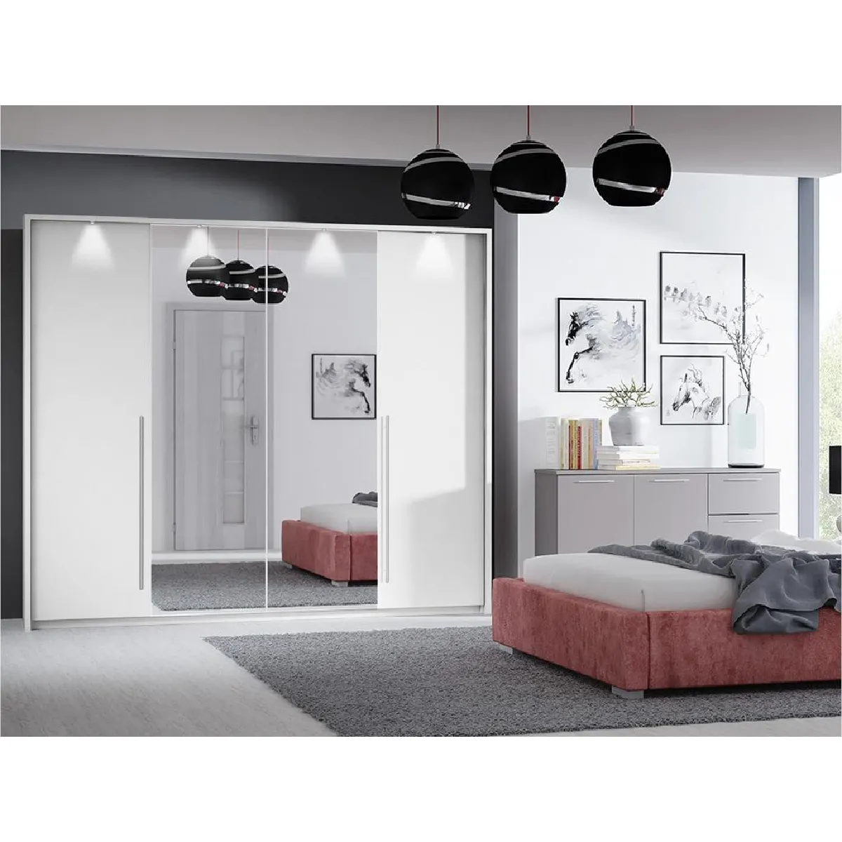 Armoire 2 portes - Avec miroir et LEDs - L255 cm - Blanc - INGINA