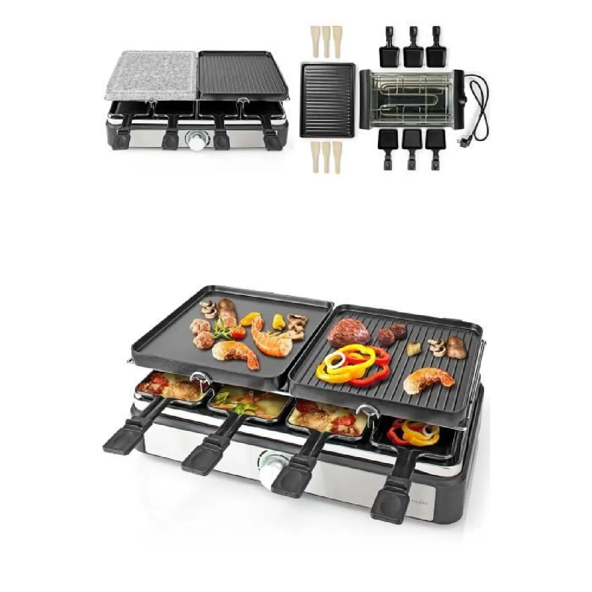 Appareil Raclette-Grill-Plancha-Pierre de Cuisson 1400 W Inclus 8 poêlons Noire Argent