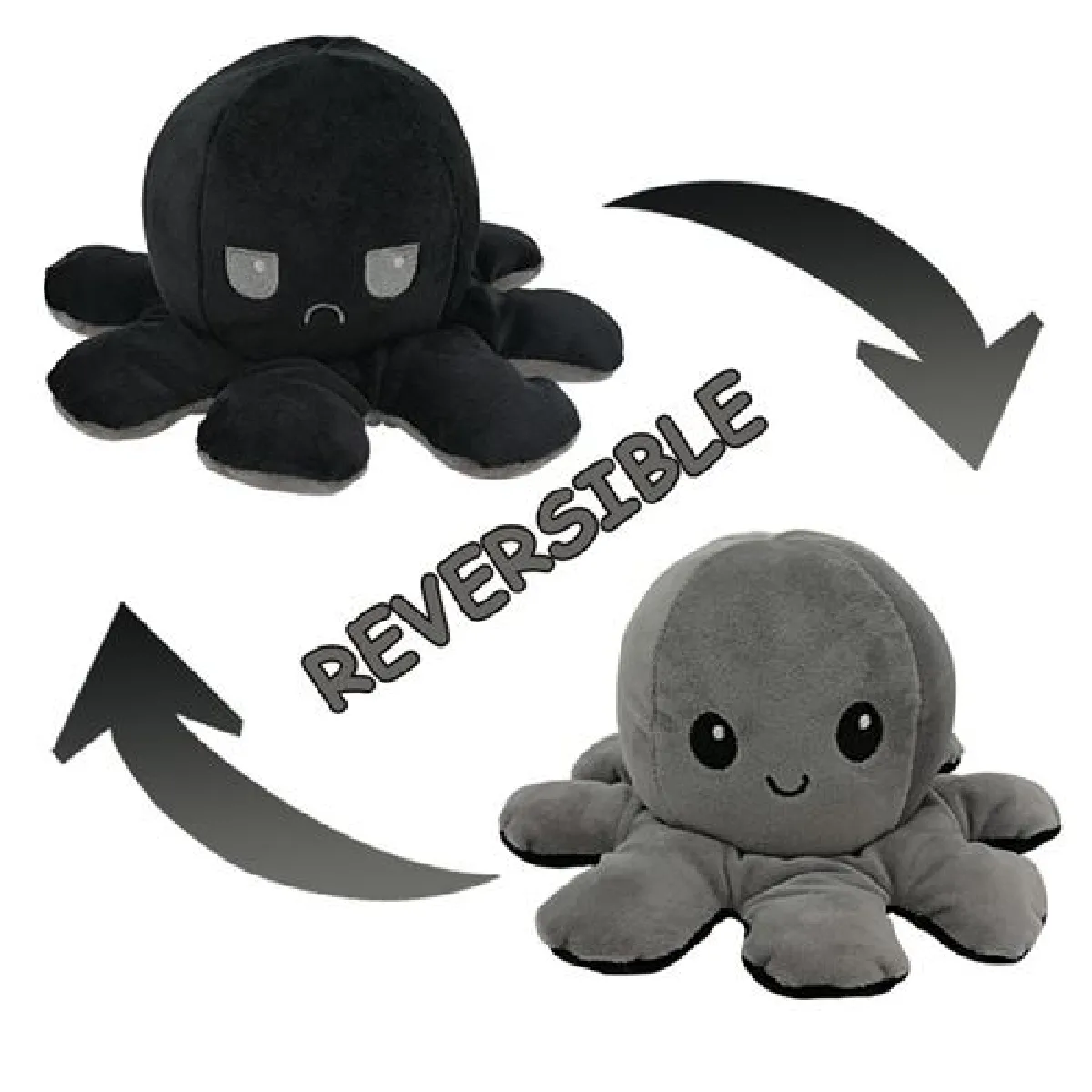 Peluche poulpe réversible double face 20 cm -gris + noir