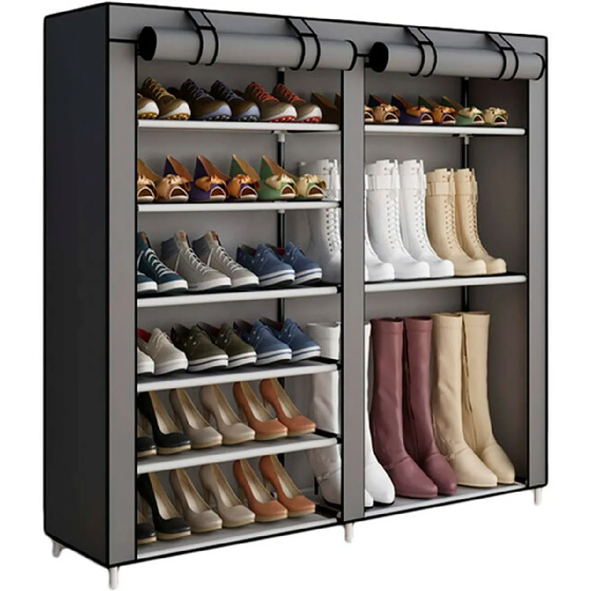 Meuble à Chaussures en Tissu pour Chaussures et Bottes avec Portes Zippées Nyana Home 110x120x30 cm Gris