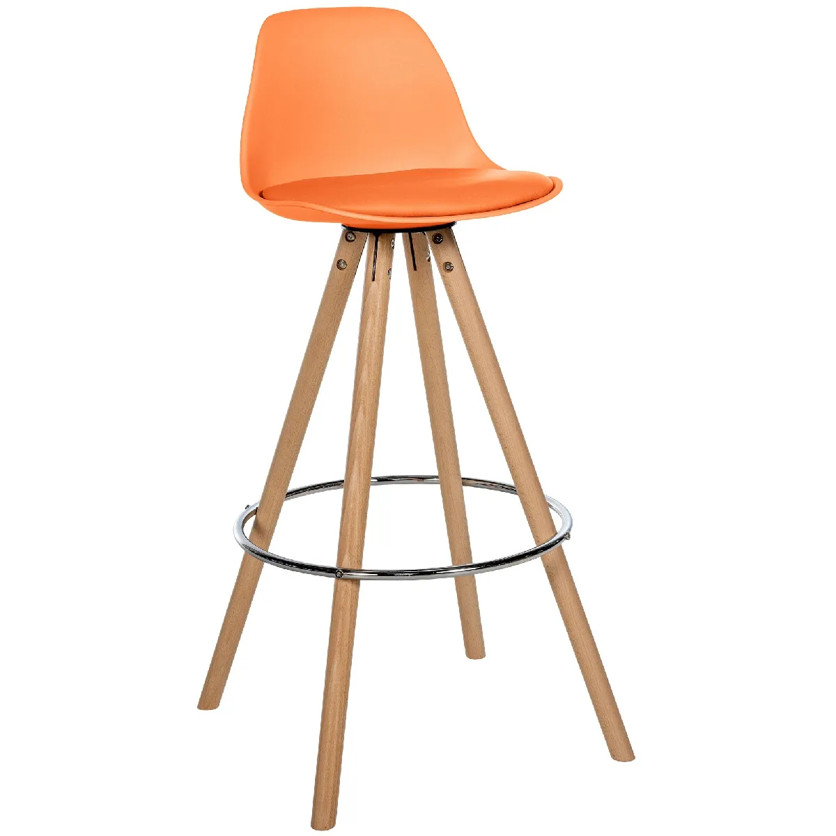 Tabouret de bar chaise haute x1 repose-pieds style scandinave en plastique et PVC orange structure en bois clair rond 10_0004621