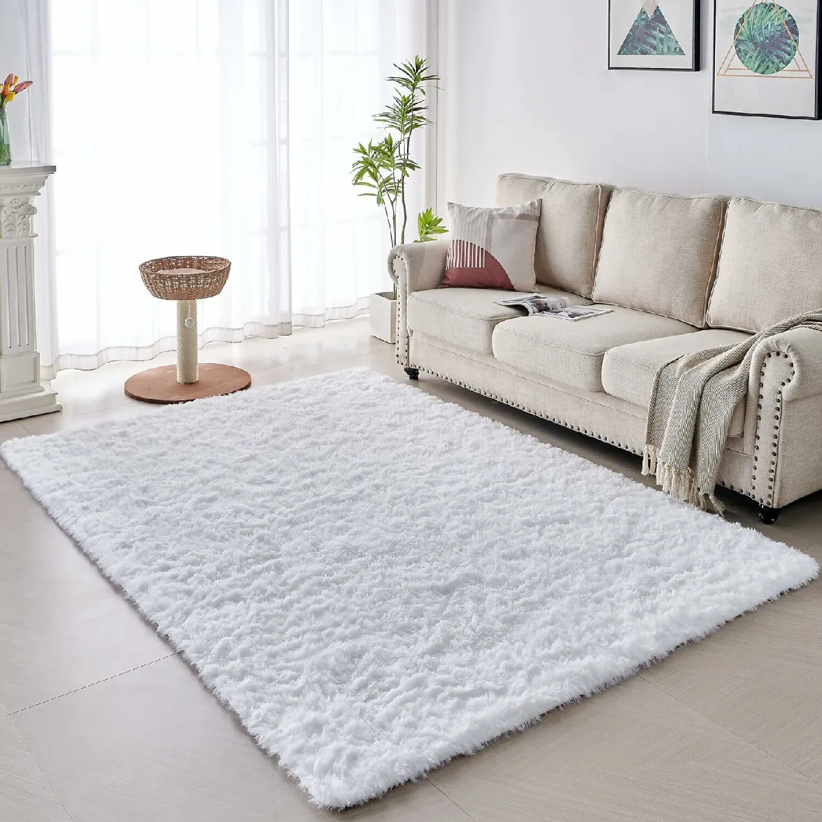 Tapis Salon Carré Shaggy Moderne Blanc 100x160cm