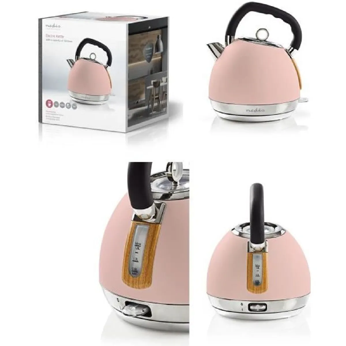 Bouilloire Electrique ROSE Base Sans fil en Acier inoxydable et Bois doux au touché