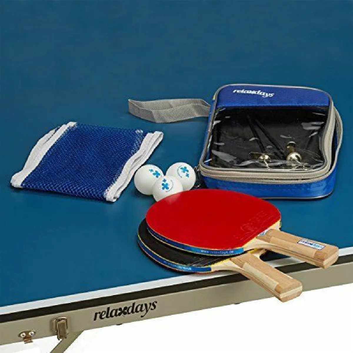 Relaxdays Set de ping-pong avec raquette filet 3 balle de tennis de table et une pochette de rangement à fermeture avec dragonne HxlxP: 26,0 x 16,5 x 3,7 cm, bleu