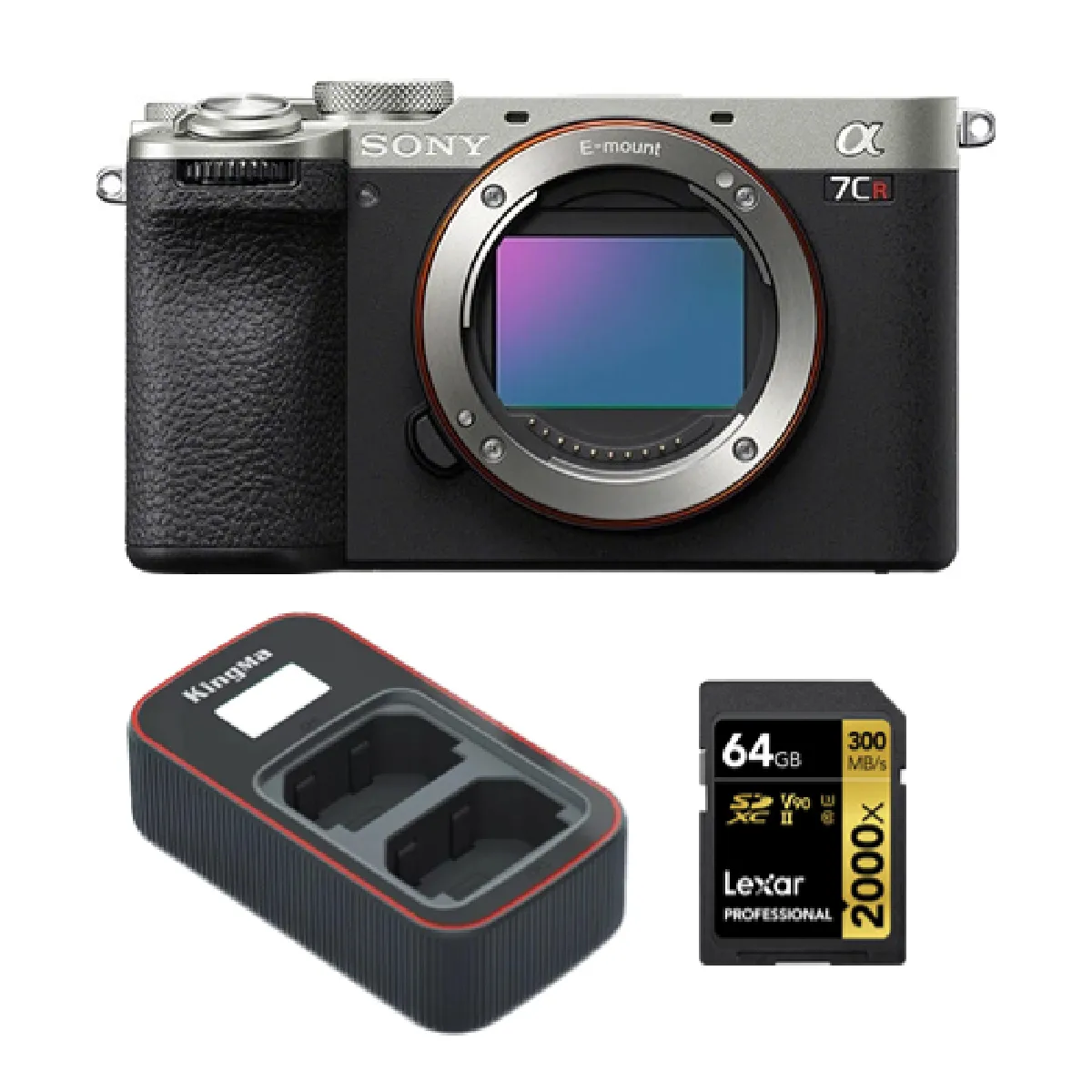 Sony Alpha a7CR Mirrorless Camera (Silver)+Lexar 64GB Professional 2000x UHS-II SDXC Memory Card + Kingma Sony NP-FZ100 LCD Dual USB charger