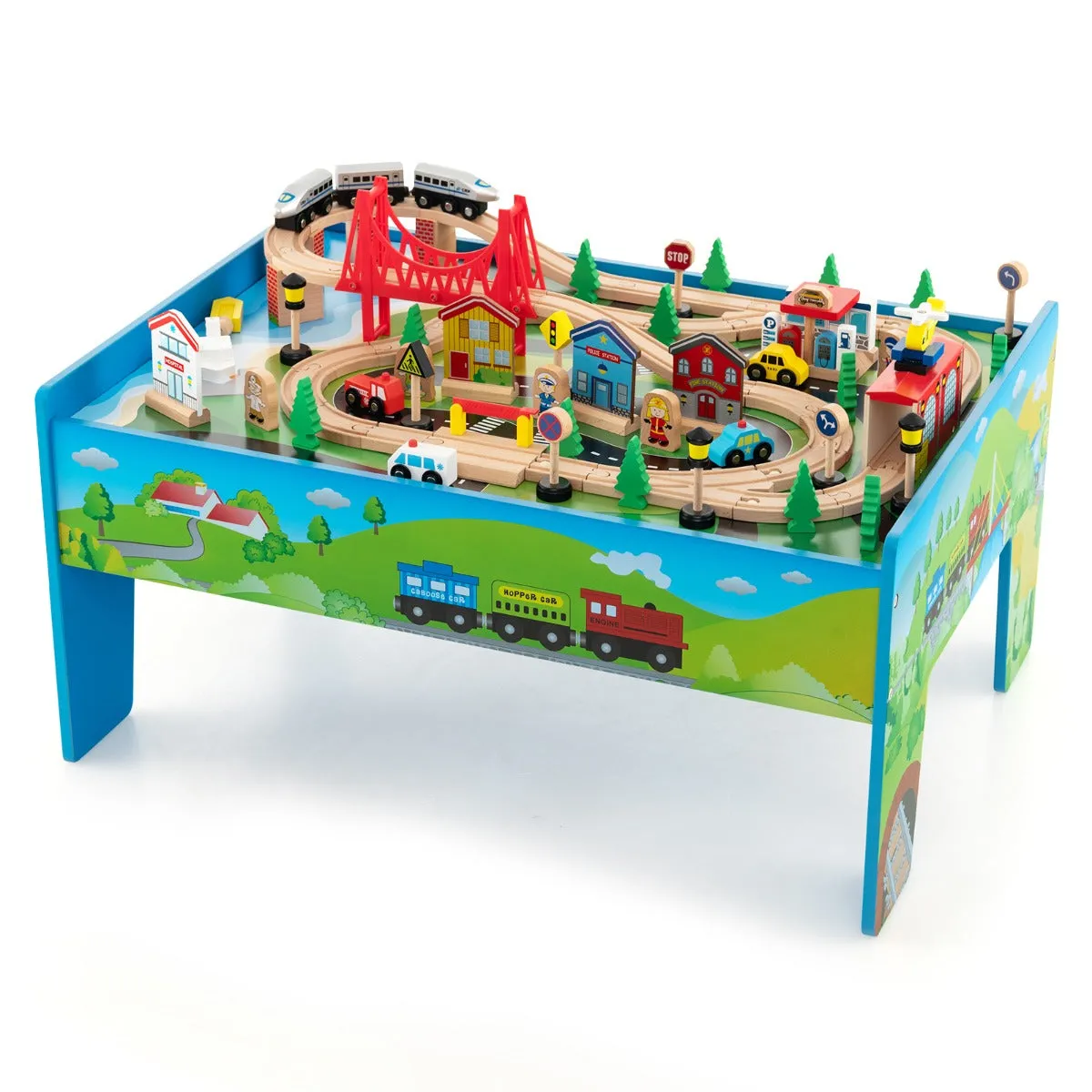 Ensemble de jouets de train et table en bois 80 pièces plateau réversible et amovible tiroir rails en bois massif figurines bleu 20_0008478