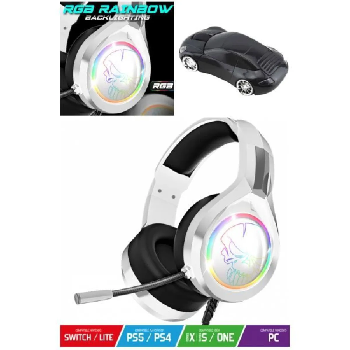 CASQUE GAMER Spirit Of Gamer Pro-H8 BLANC RGB/ PS5 - PS4 XBOX SERIES X - S - XBOX ONE NINTENDO SWITCH PC + Souris porsche