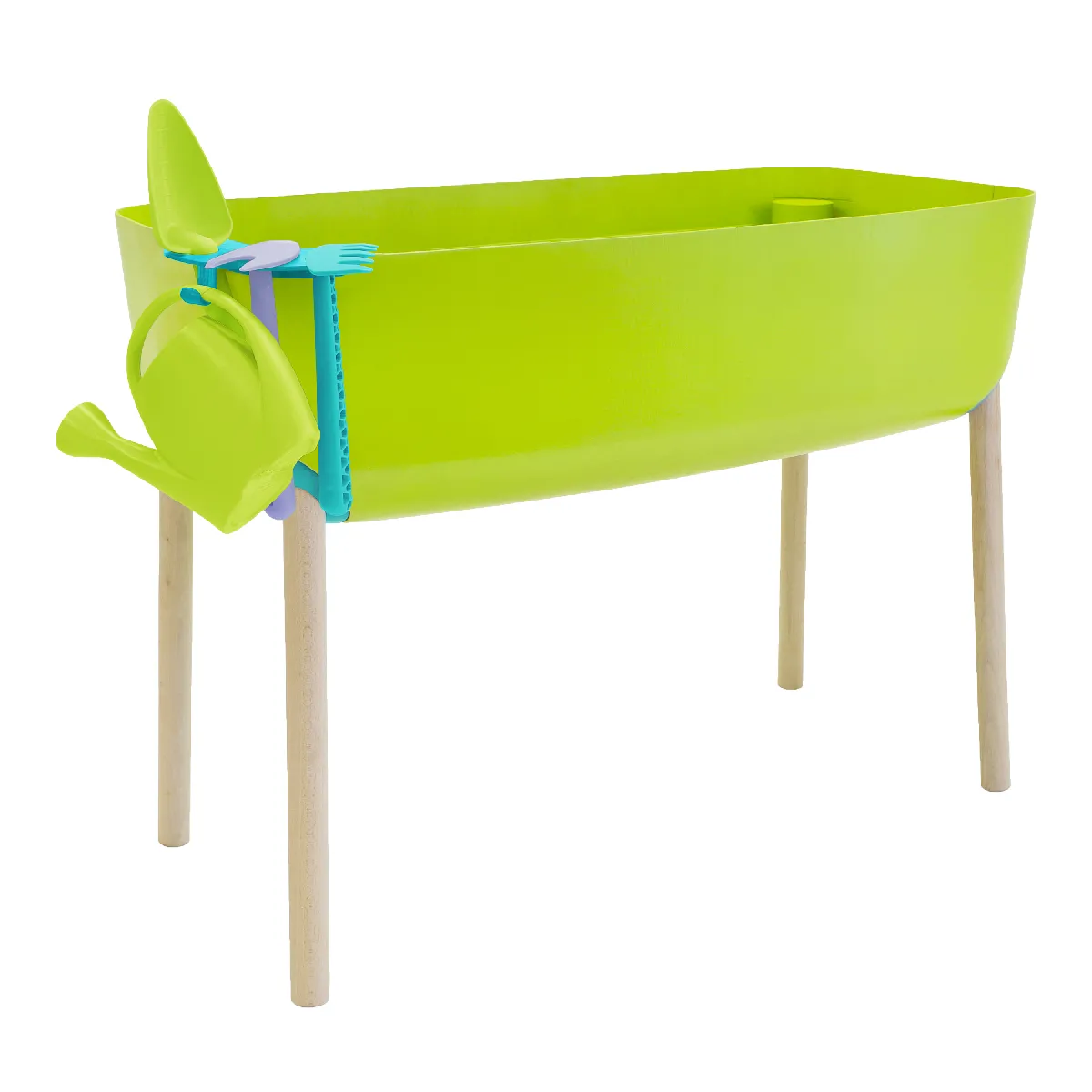 GARDENICO - Potager Enfant, Jardinière sur Pieds - Potager sur Pied, Plastique et Bois - Jardin Potager Enfant, à partir de 5 ans, Hauteur 56,5cm - 4 Accessoires : Râteau, Houe, Pelle, Arrosoir