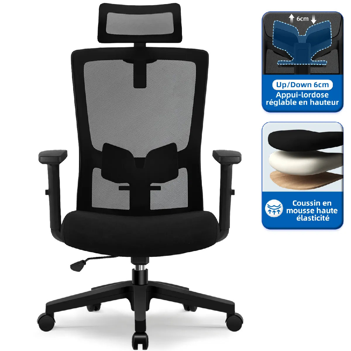 Fauteuil de Bureau Ergonomique et Pliable,Dossier et Assise Haute avec Roulettes Silencieuses Charge 150KG