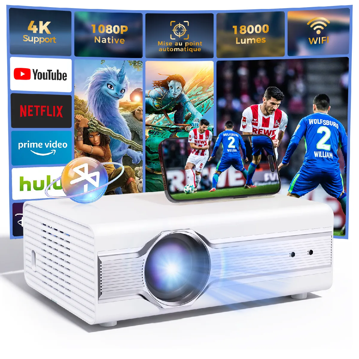 Vidéoprojecteur 4K WiFi Bluetooth - Auto Focus - 25000 Lumens 5+2.4G WiFi - Projecteur Video 1080P Full HD Home Cinéma