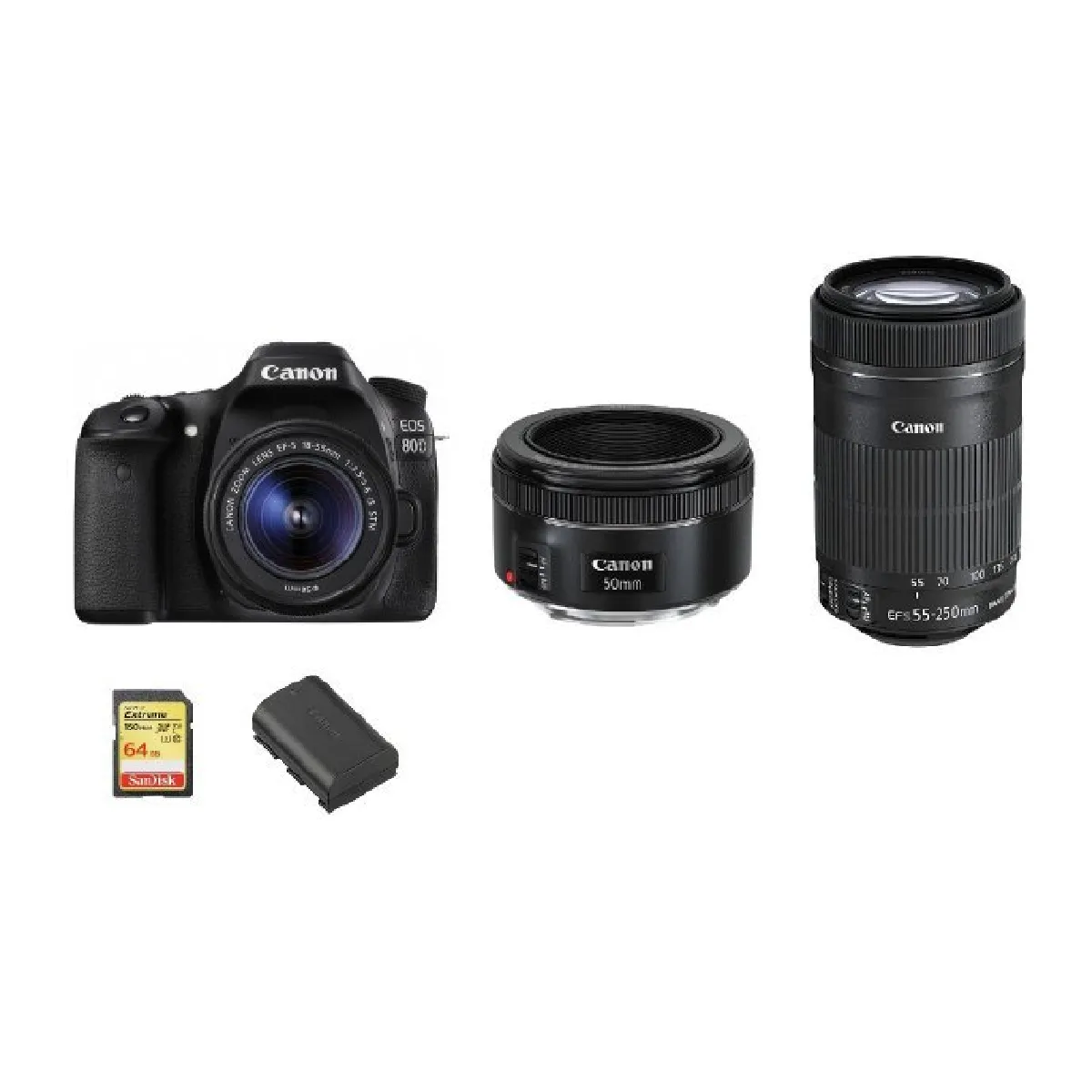 CANON EOS 80D KIT EF-S 18-55mm F3.5-5.6 IS STM + EF-S 55-250mm F4-5.6 IS STM (White Box) + EF 50mm F1.8 STM + 64GB SD card + LP-E6N Battery