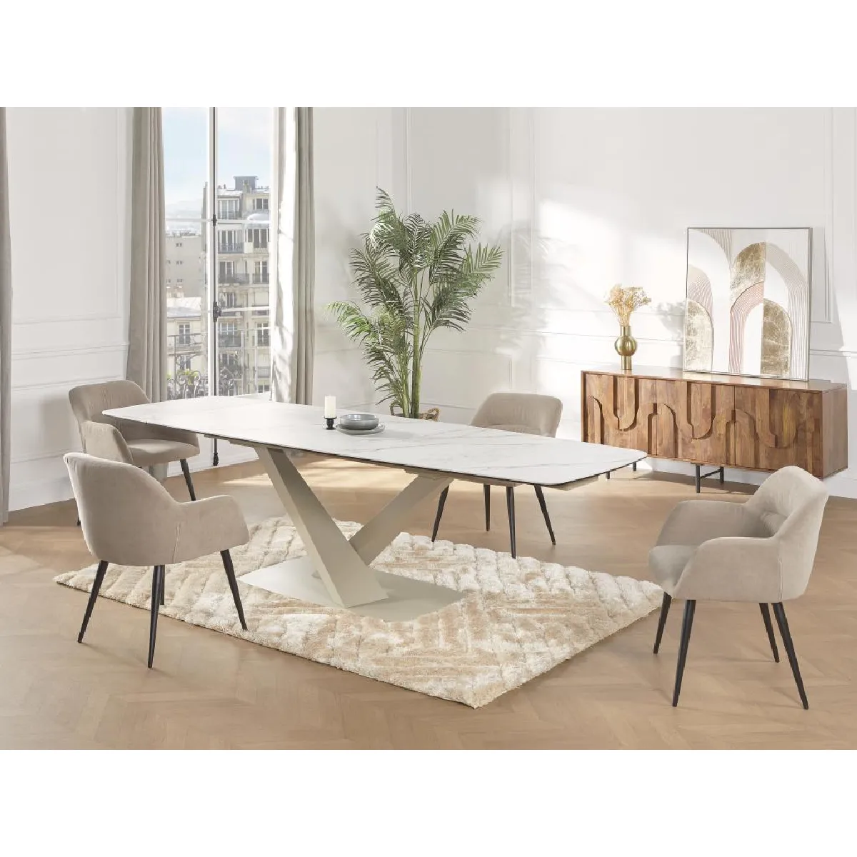 Table à manger extensible 6 à 10 personnes en verre trempé, céramique et métal - Effet marbre blanc et beige - MALATA de Maison Céphy