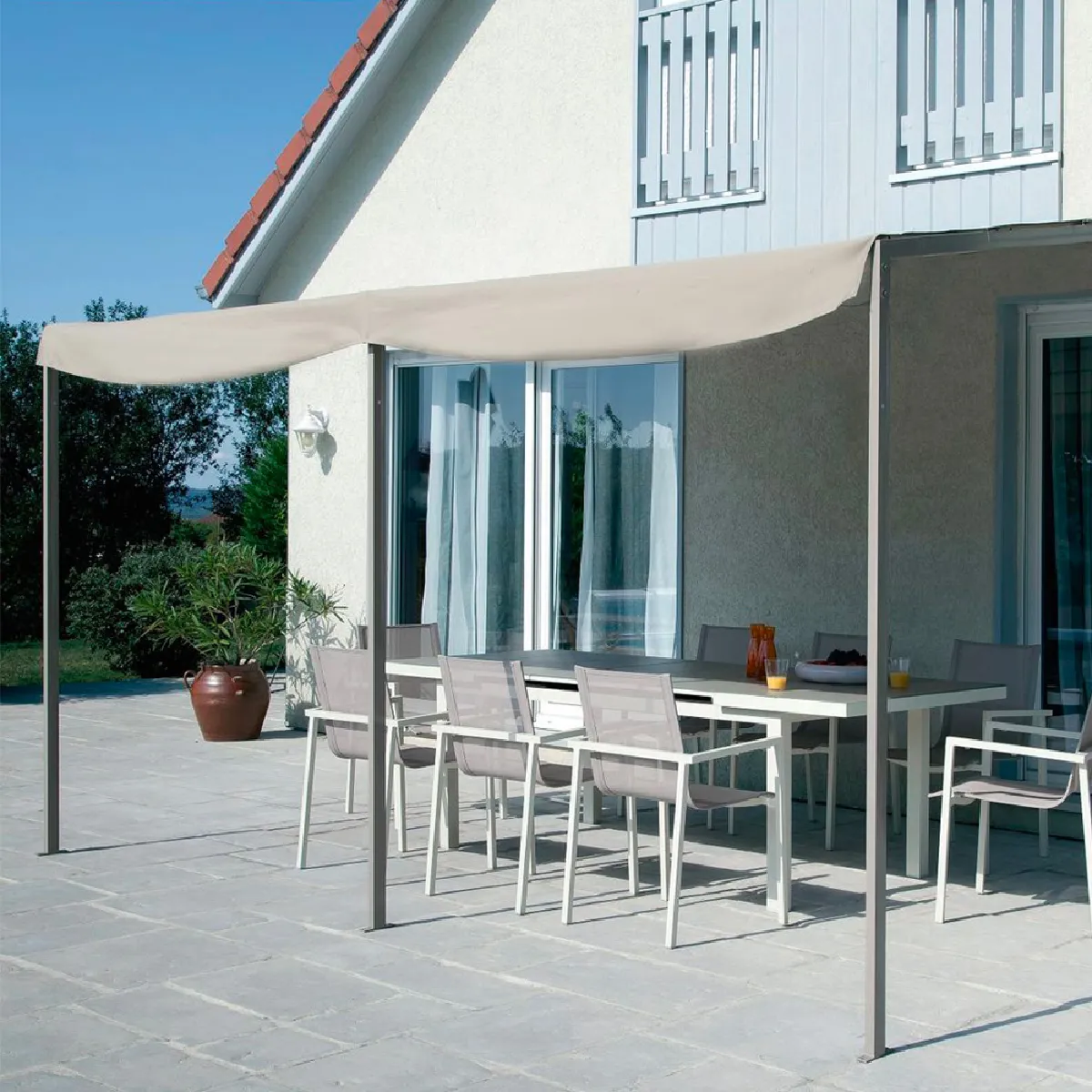 Tonnelle de jardin adossée Pergola 4 x 3 m toile taupe 4x3 metres