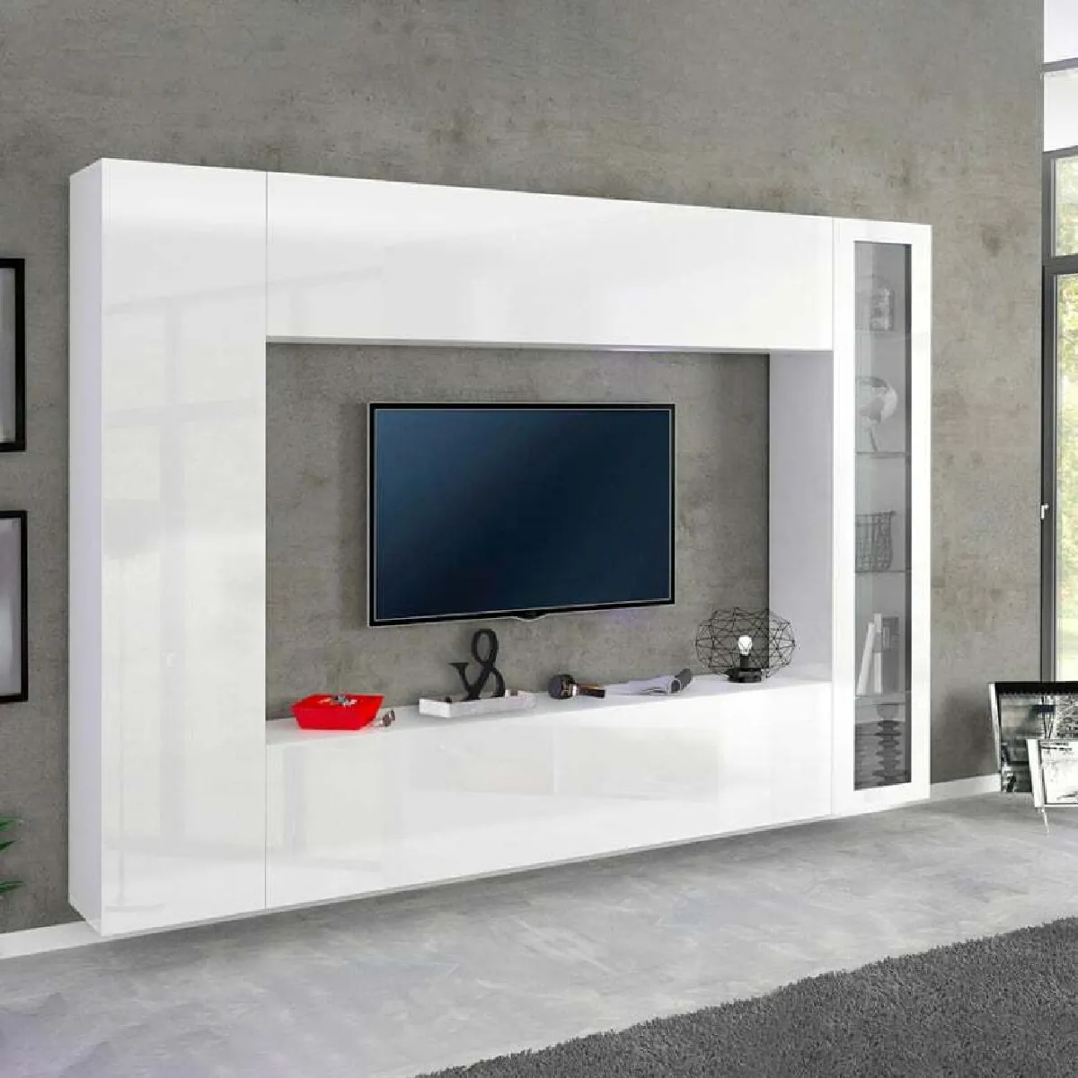 Composition Murale Blanc Brillant Meuble TV Colonne Vitrine Unité Murale Joy Ledge