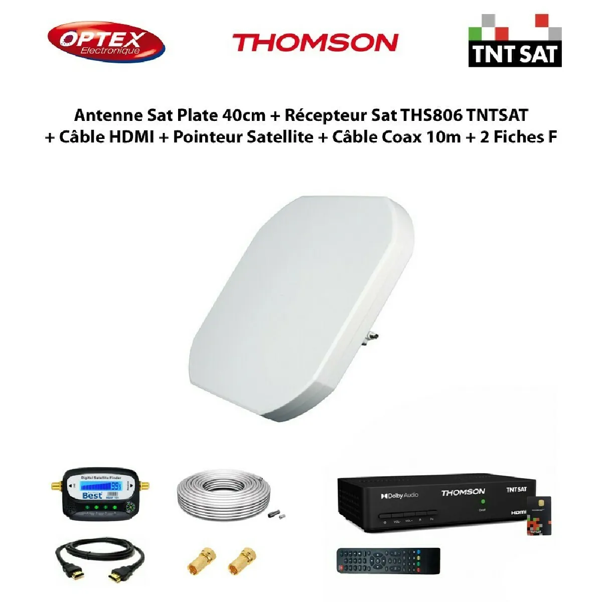 Antenne Satellite Plate 40cm + Récepteur Satellite HD THS806 TNTSAT + Câble HDMI + Pointeur Satellite + Câble Coax 10m + 2 Fiches F