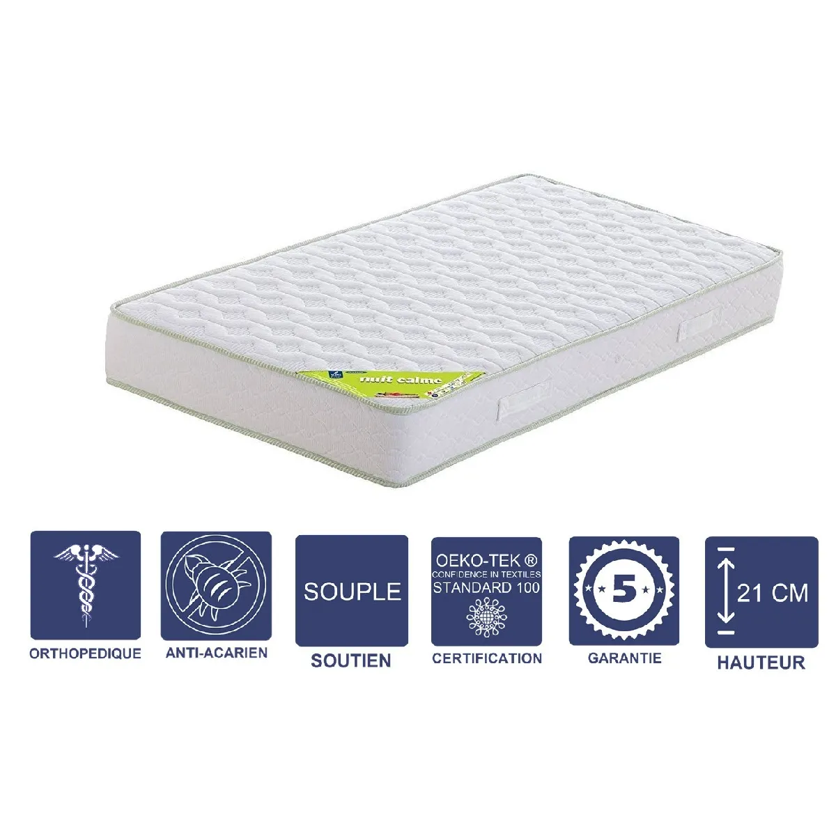 Matelas + Alèse 120x190 x 21 cm - Souple - Aertech+ 35 Kg/m3 HR Dernière Génération - Très Respirant