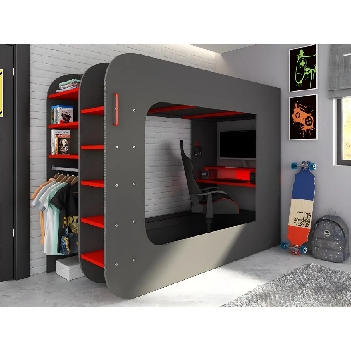 Lit mezzanine gamer 90 x 200 cm - Avec bureau et rangements - Avec LEDs - Anthracite et rouge + matelas - WARRIOR