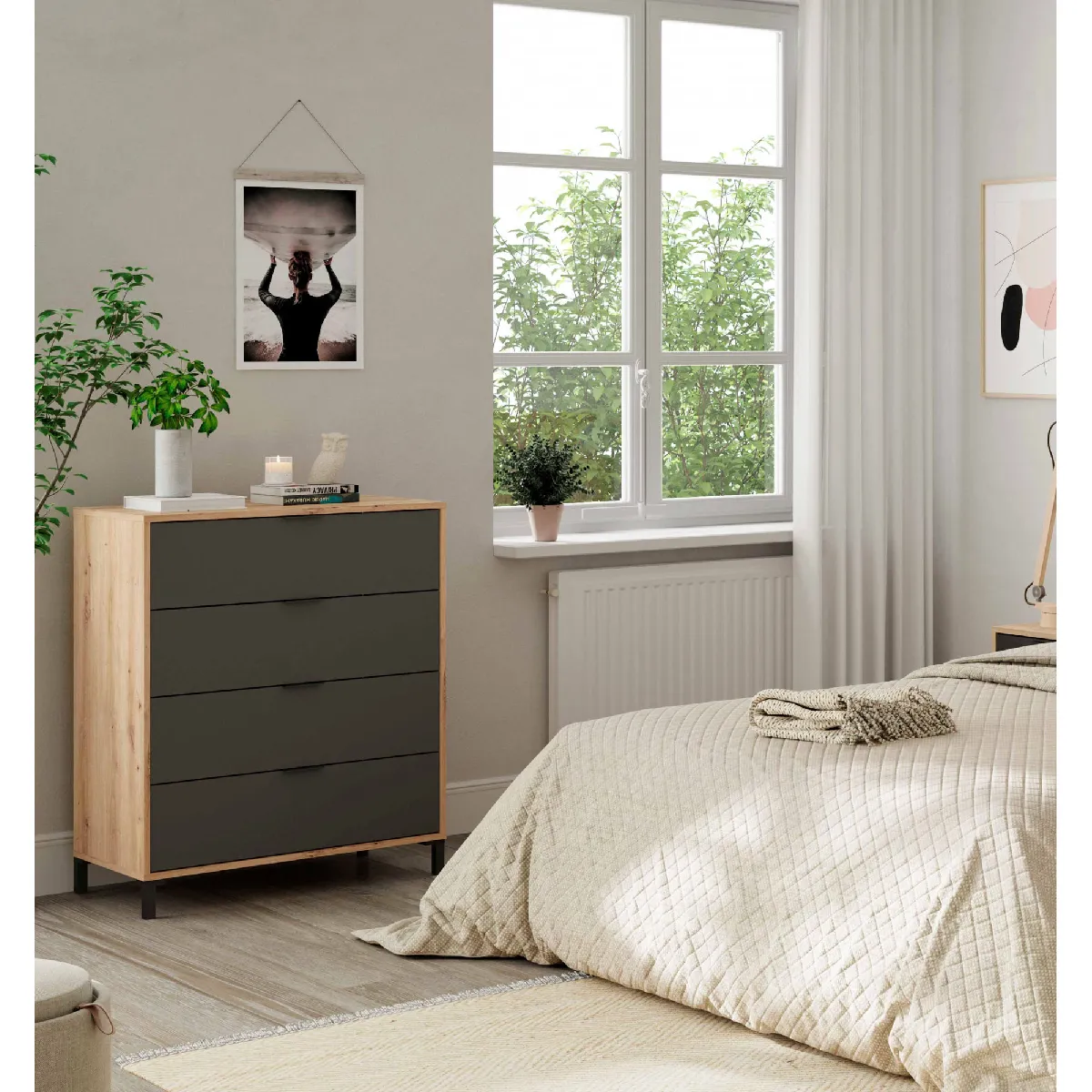 Commode à 4 tiroirs, Semainier pour chambre à coucher adapté au salon ou au bureau, Cm 77,5x40h93,5, Couleur chêne avec effet n?uds et Anthracite