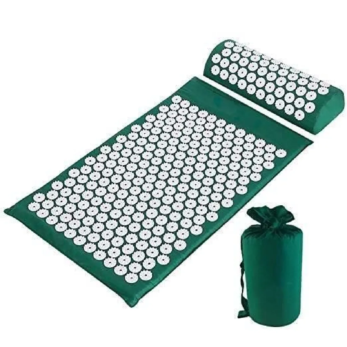 Kit d'Acupression Tapis Coussin de Massage Oreiller d'Acupuncture pour Yoga Traitement des Douleurs Tensions Vert foncé 68×42×2.5cm