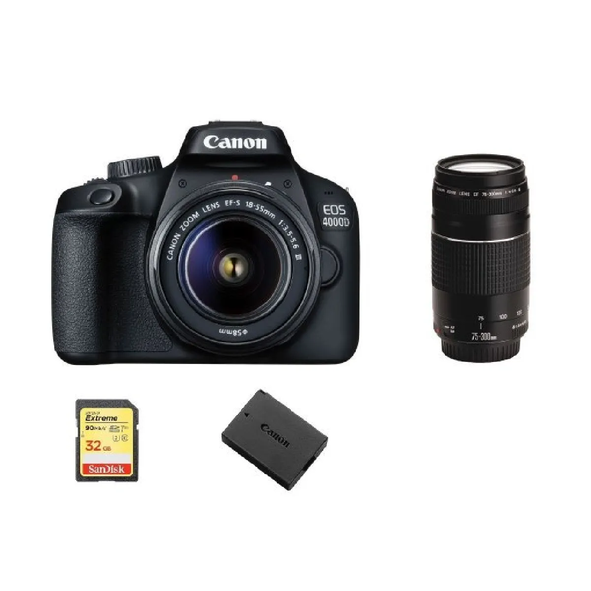 CANON EOS 4000D KIT EF-S 18-55MM F3.5-5.6 III + EF 75-300MM F4-5.6 III + 32GB SD card + LP-E10 Battery