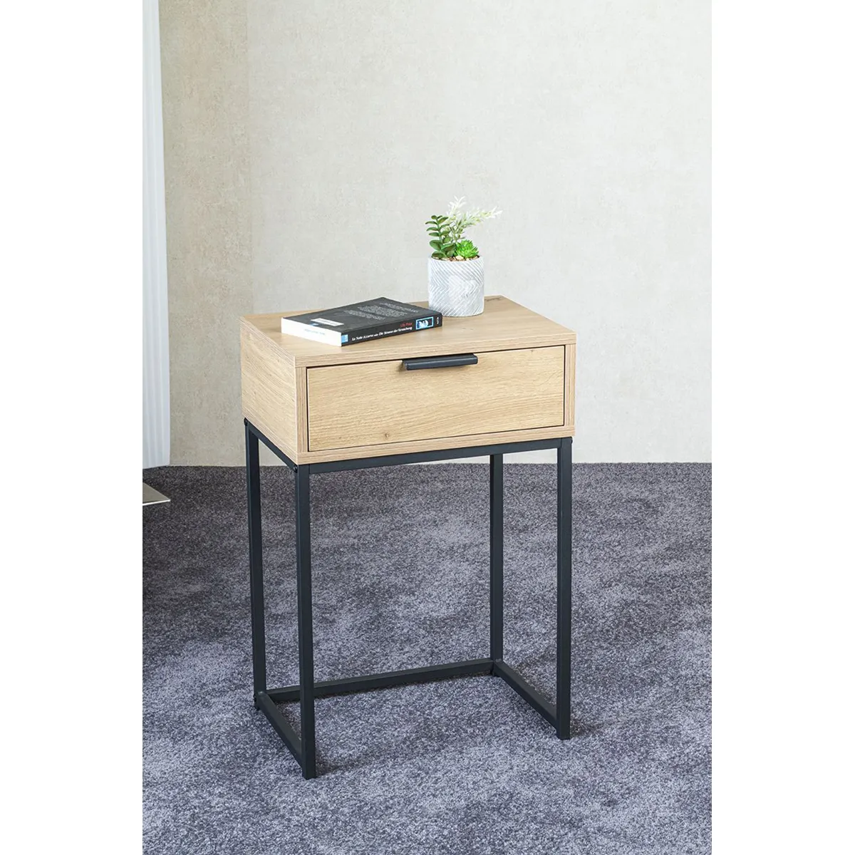 Console avec 1 tiroir en bois coloris chêne clair et métal coloris noir - longueur 40 x profondeur 28 x hauteur 60 cm