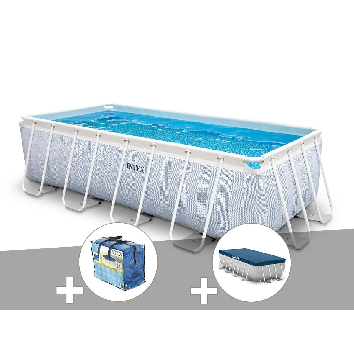 Kit piscine tubulaire Intex Chevron rectangulaire 4,00 x 2,00 x 1,00 m + Bâche à bulles + Bâche de protection