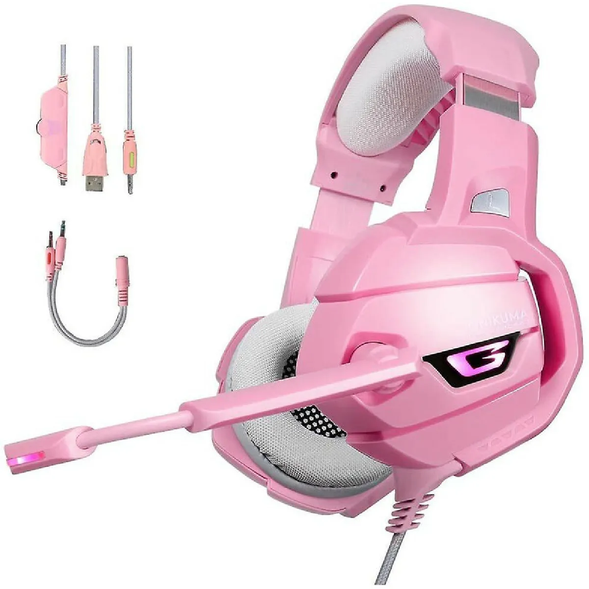 Casque de jeu surround stéréo 3,5 mm, serre-tête pour casque avec éclairage LED, microphone pour téléphones intelligents, PC, PS4 , PS Visa et autres appareils de jeu, peut réduire le bruit-Rose