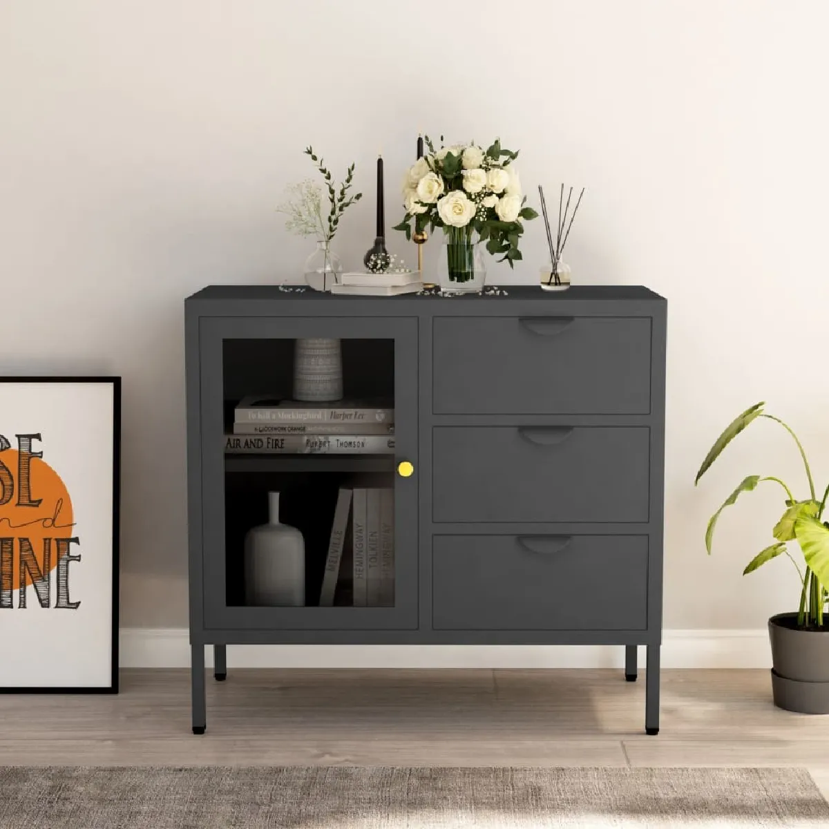 Buffet,Meuble de Rangement,commode pour salon,Cuisine Anthracite 75x35x70 cm Acier et verre trempé -MN63443