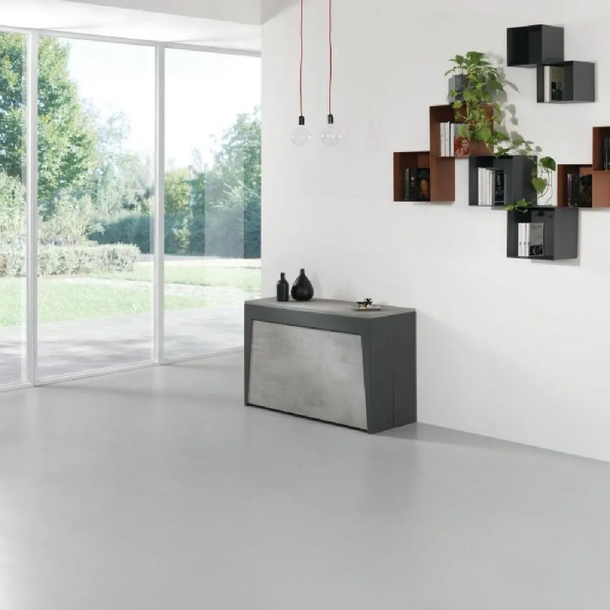 Table console extensible Design COLISEO XL avec rallonges/chaises intégrées Gris béton/Structure Gris ardoise 120cm