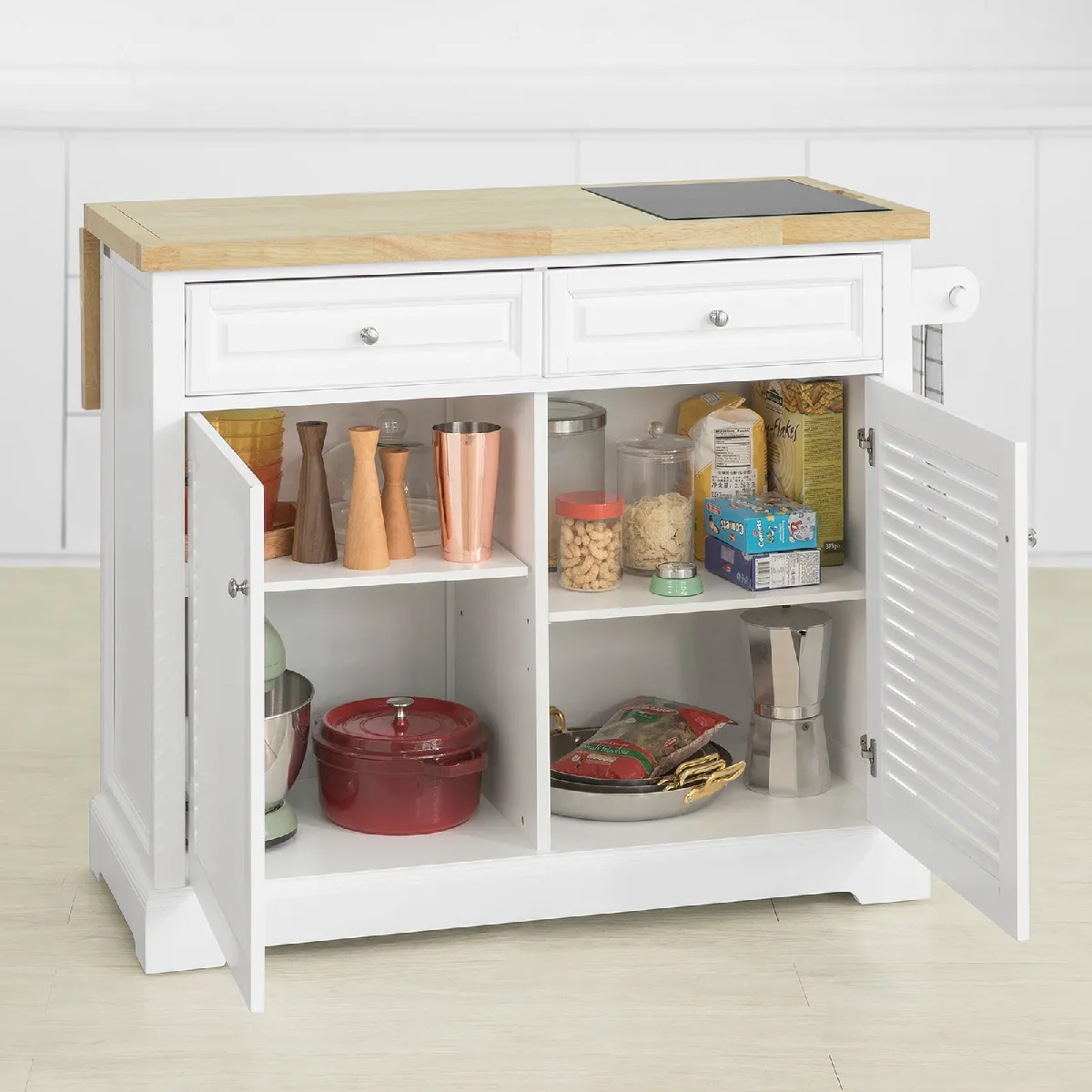 SoBuy FKW84-WN Desserte sur roulettes Meuble de Cuisine de Service Roulant avec Plans de Travail Rabattable - Grande Armoire de Rangement