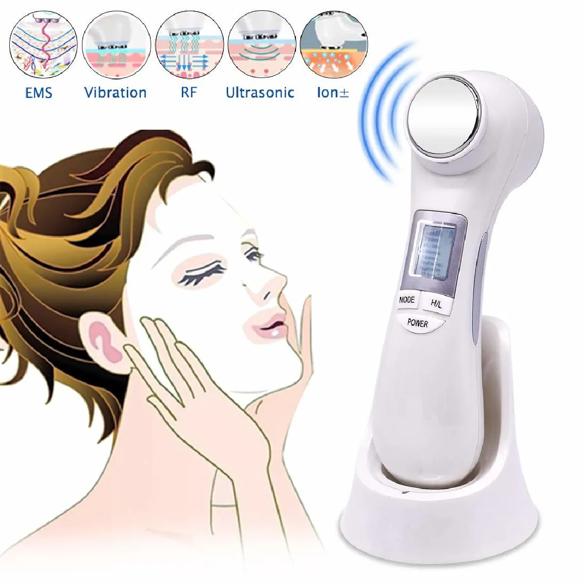 Appareil de massage raffermissant à ultrasons RF EMS pour le visage avec fonction LED Rafraîchit, nettoie et lisse les ridules.