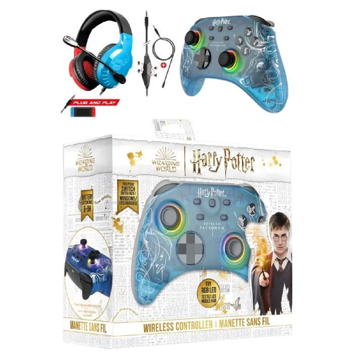 Casque SWITCH PRO-H3 BLEU BLANC + Manette SWITCH SANS FIL RGB Bluetooth Translucide Patronus Nintendo SWITCH HARRY POTTER