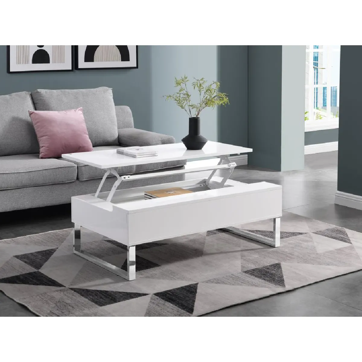 Table basse avec plateau relevable - MDF et métal chromé - Blanc laqué - SECALI