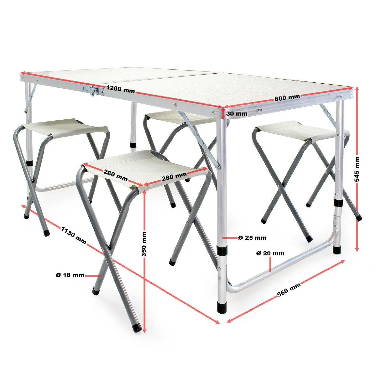 Ensemble table tabourets de camping 120 cm aluminium meuble pliant jardin oudoor 16_0002494