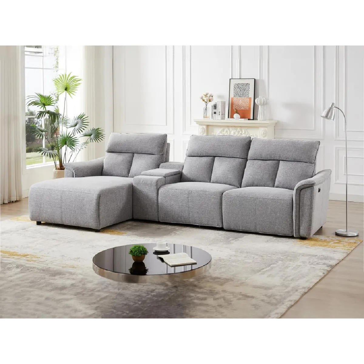 Canapé d'angle gauche relax électrique en tissu gris clair GARUVO