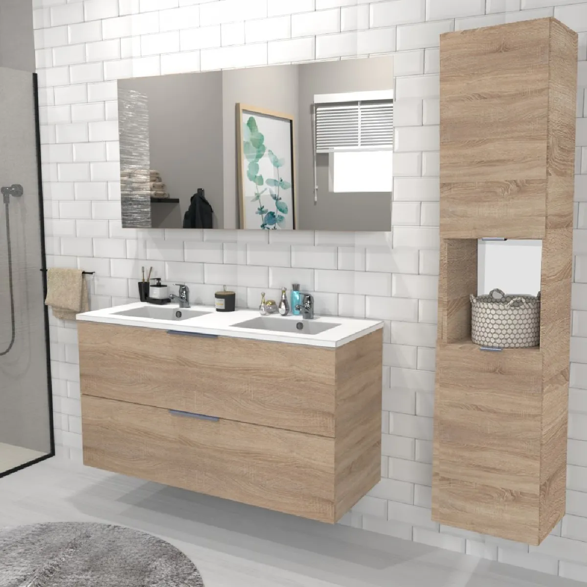 Meuble sous-vasque MALAGA 120 cm + vasque + miroir + colonne / Décor Chêne blanchi