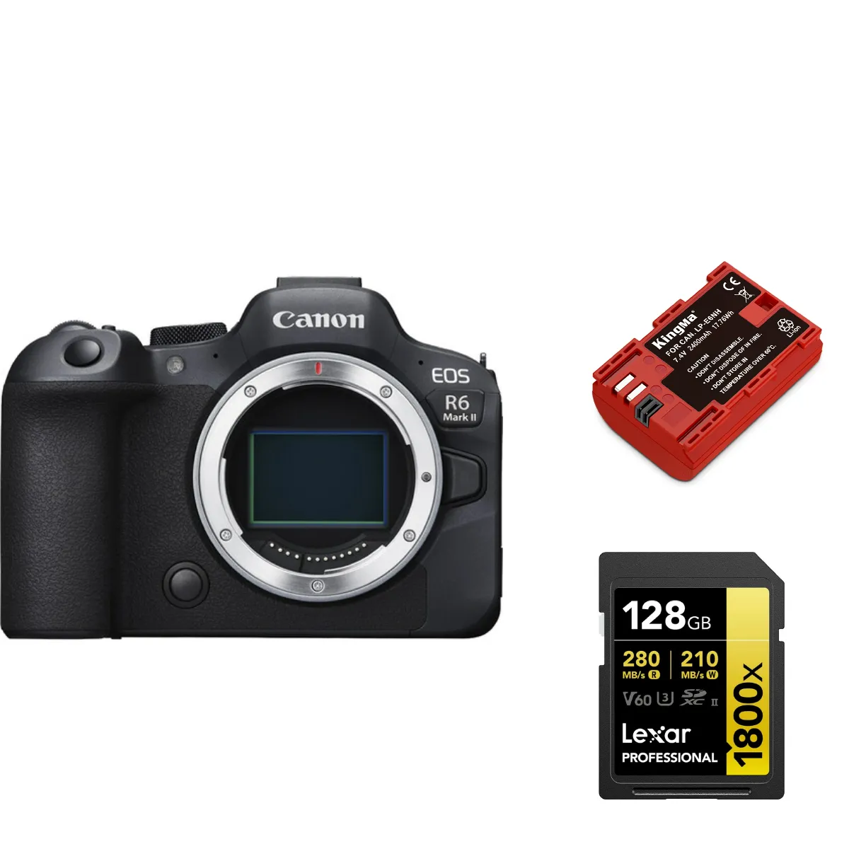 Canon EOS R6 II Body+Kingma 2400mAh Battery (Canon LP-E6NH)+Lexar 128GB Professional 1800x UHS-II SDXC Memory Card