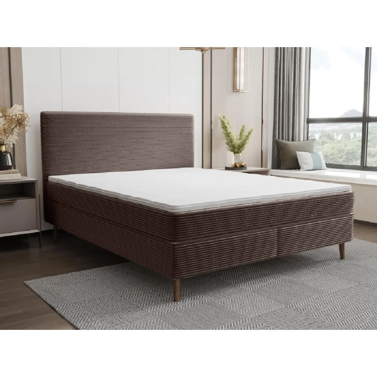 Ensemble complet boxspring tête de lit + sommier + matelas + surmatelas - 160 x 200 cm - Velours côtelé - Marron - NARA de YSMÉE