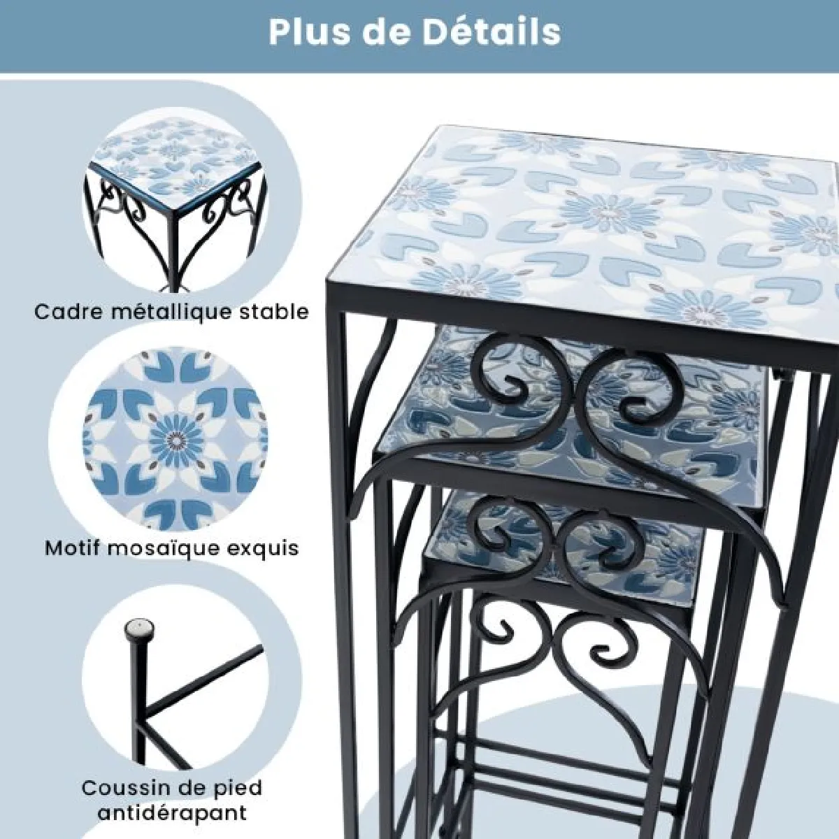 Lot de 3 supports pots de fleurs plateau en céramique à motifs mosaïque patin antidérapant porte plante en métal bleu 20_0003178