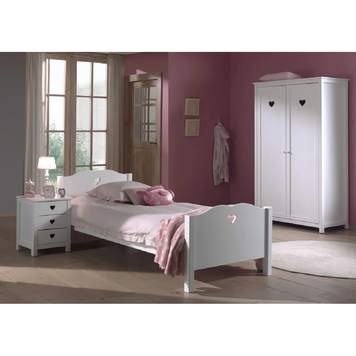 Lit 90x200 cm + chevet et armoire 2p en pin blanc - AMORENA