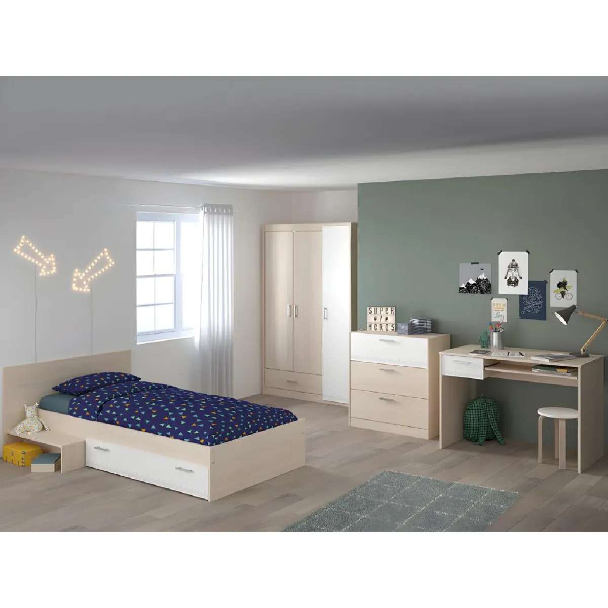 Lit enfant 90 x 190 cm avec 1 tiroir - Coloris : Naturel et blanc + Sommier - IPLIA