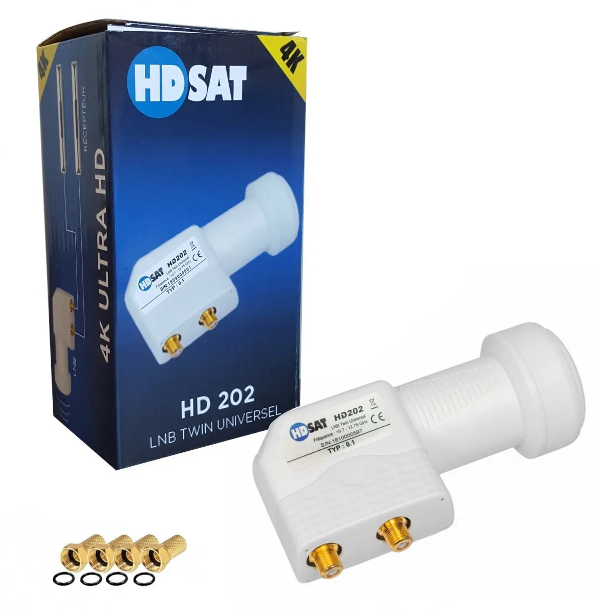 HDSAT HD202 LNB Twin Full HD 4K Tête Parabole 2 sorties 0,1dB + 4 Fiches F GOLD